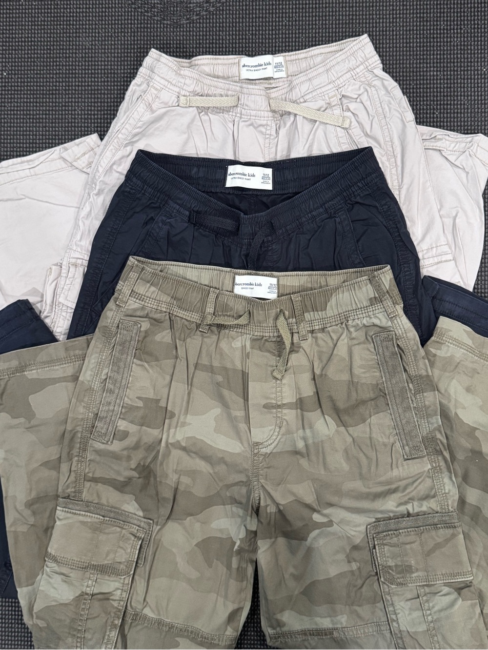 abercrombie kids Cargo Baggy Pants Trio - Olive Camo, Gray & Light Tan